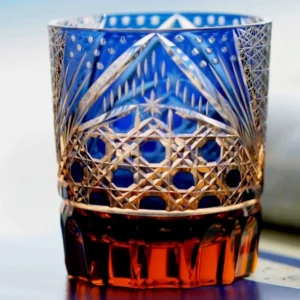 8.5 Oz Luxury Blue Amber Rocks Glass Edo Kiriko Straight Whisky Tumbler Hand Engraved Octagonal Basket Weave with Gift Box