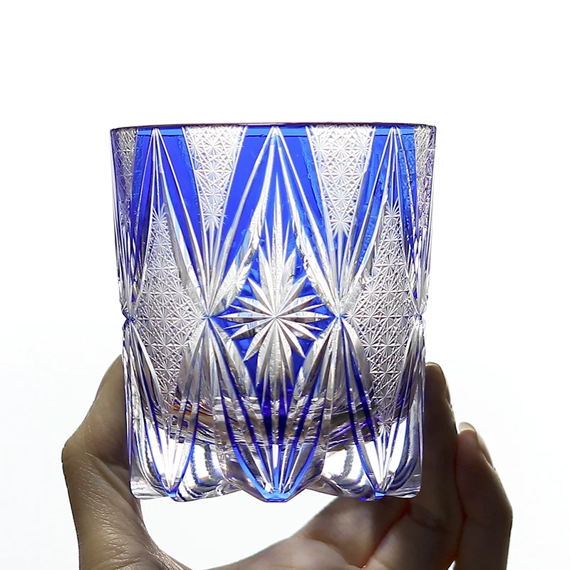 240 ml Luxury Japanese Edo Kiriko Style Blue coloured Cut Glass Drink Tumbler For Whiskey Iced Beverage - Image 2
