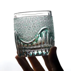 250 ml Roundish Hand Cut To Clear Green Rocks Glass Whiskey Tumbler With Edo Kiriko Chrysanthemum Mesh Cocktail Glasses