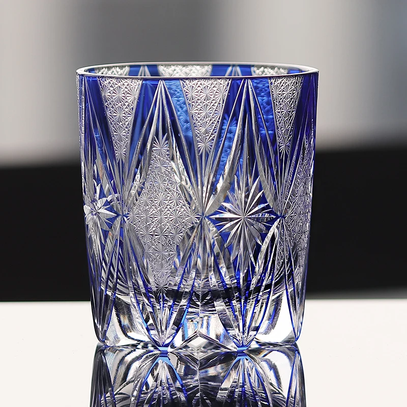 240 ml Luxury Japanese Edo Kiriko Style Blue coloured Cut Glass Drink Tumbler For Whiskey Iced Beverage - Image 3