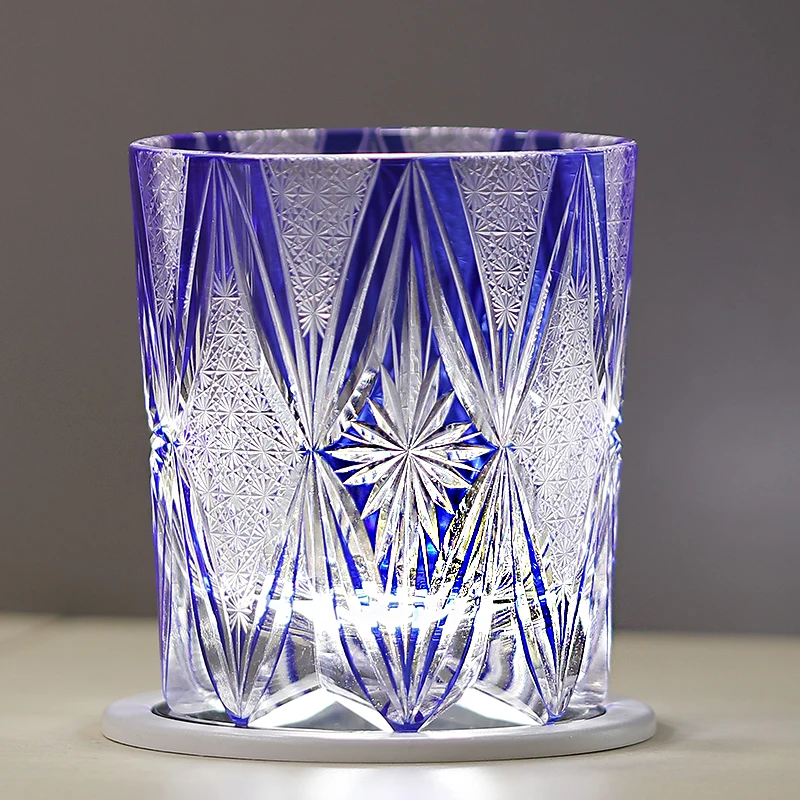 240 ml Luxury Japanese Edo Kiriko Style Blue coloured Cut Glass Drink Tumbler For Whiskey Iced Beverage
